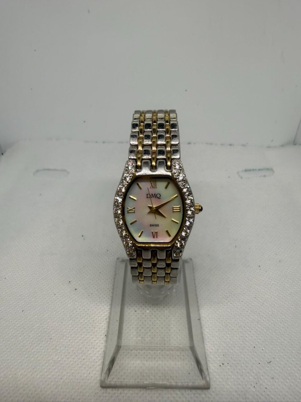 DMQ Swiss DQ/N4019 Women's Gold-Tone CZ Crystal Bezel Mother of Pearl Watch